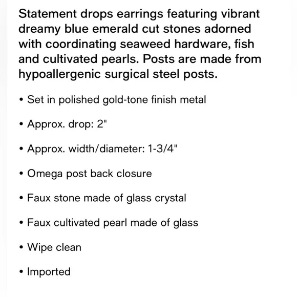 NWT Betsey Johnson mermaid jewels Blue Crystal Drop Earrings - Picture 4 of 4